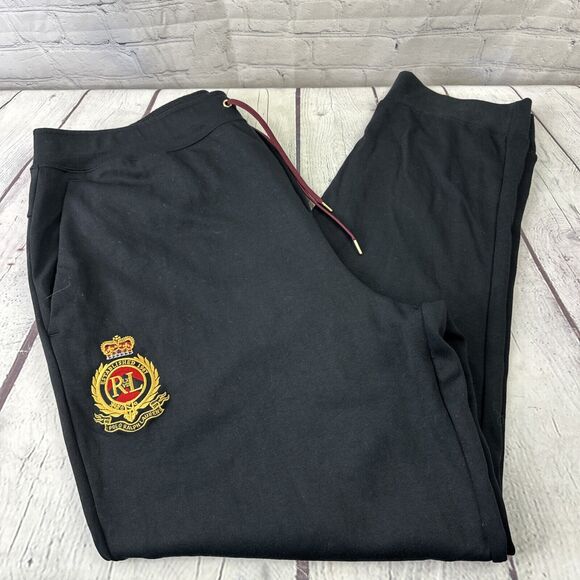 POLO Ralph Lauren Men Embroidered Gold Crest Logo Jogger Pants Black Maroon 2XLT - Picture 1 of 15